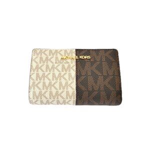 Michael Kors Jet Set Travel Medium Bifold Zip Coin Wallet Brown Multi MK Logo
